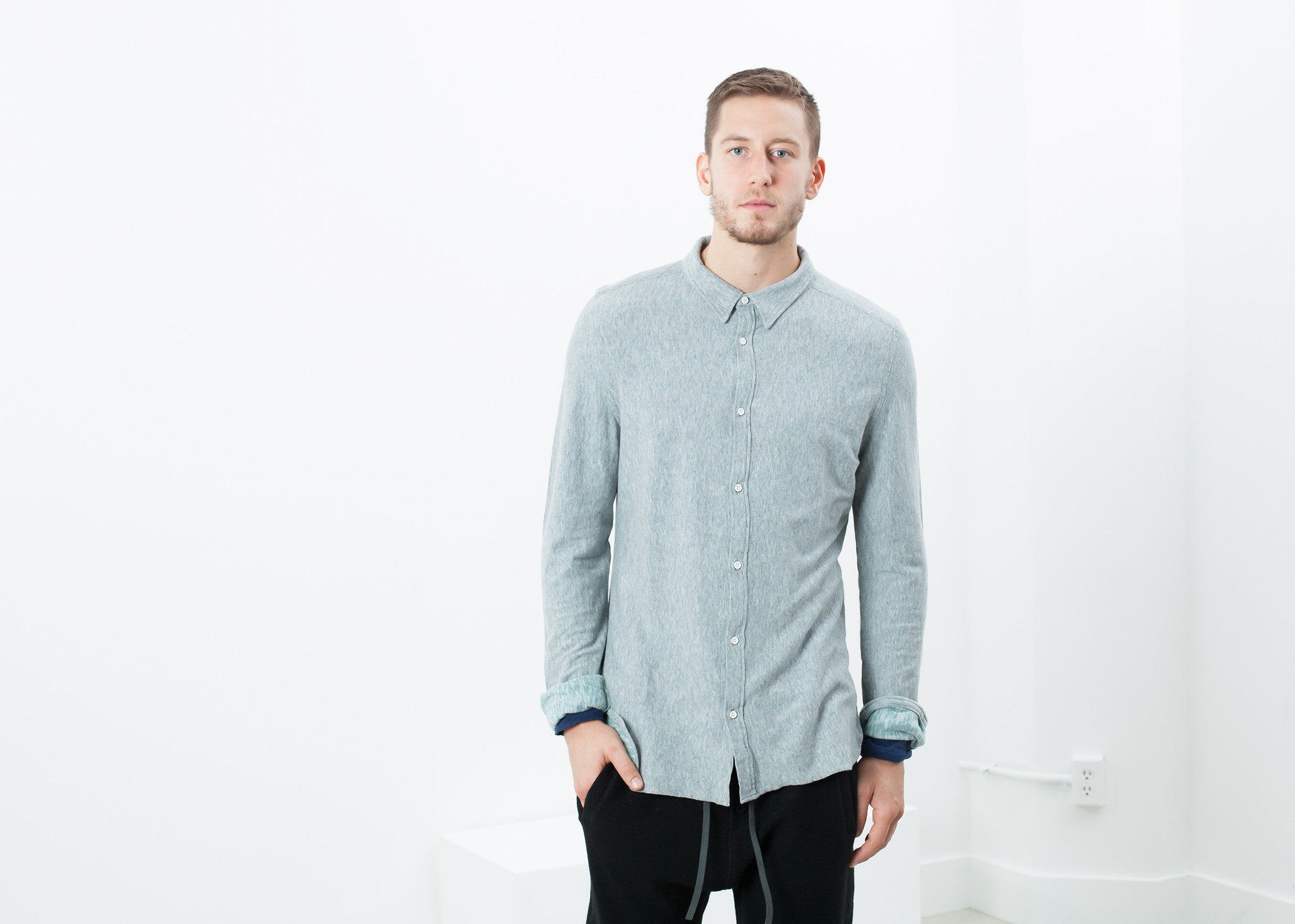 Kasuri Jersey Button-Up in Blue Grey